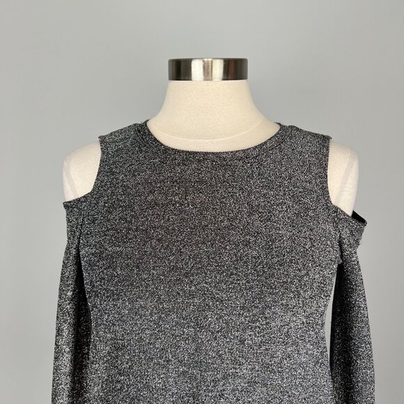 Michael Kors Womens Black Silver Metallic Cold Shoulder Top Long Sleeves size S - Picture 2 of 13